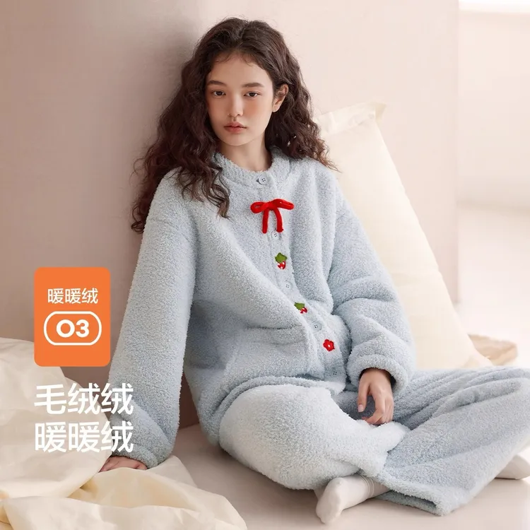 不起球耐磨睡衣女加厚防静电小香风少女外穿珊瑚绒保暖家居服套装