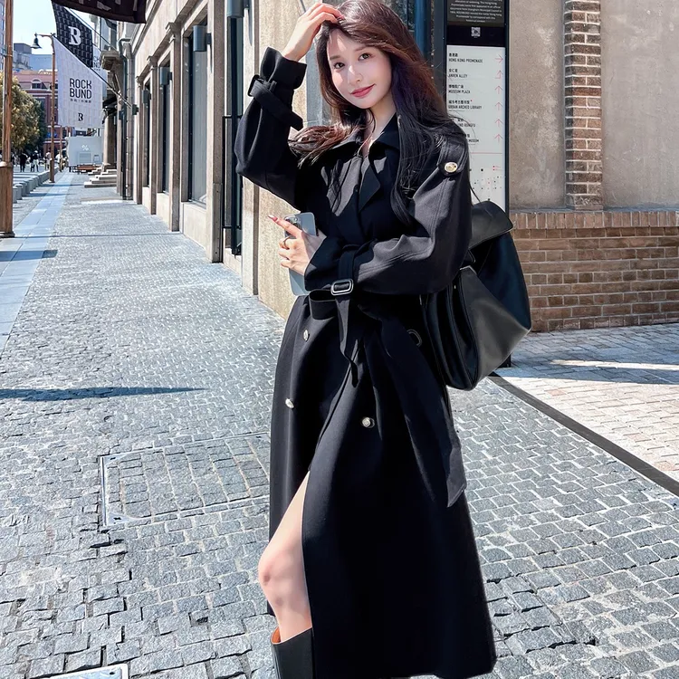 黑色中长款风衣外套女2025春秋韩版英伦风气质显瘦收腰过膝大衣