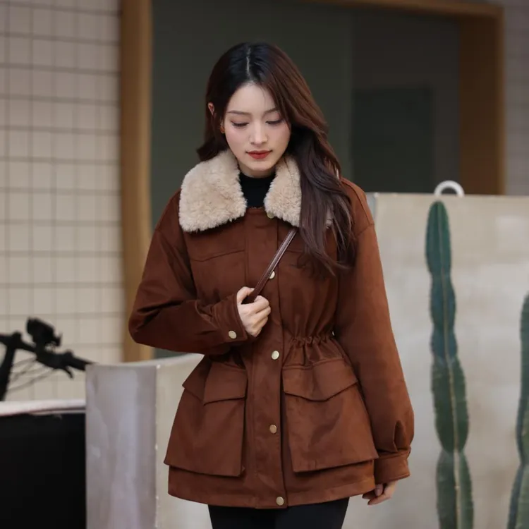 羽绒服外套90白鸭绒羊羔毛翻领2025收腰保暖中长款麂皮绒派克服