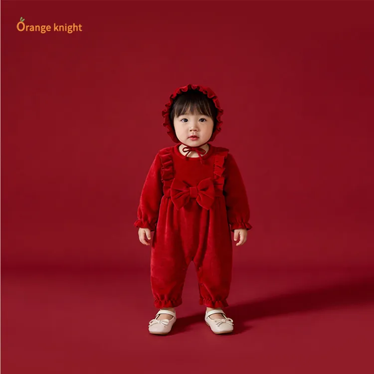 婴儿衣服冬装小月龄连体衣加绒款宝宝爬服喜庆红色哈衣公主外出服