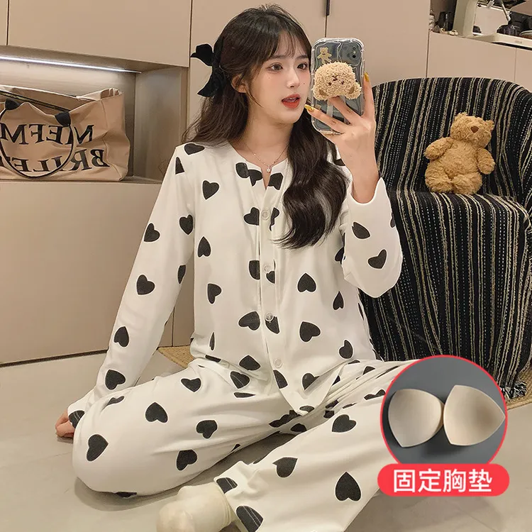 秋冬季德绒加绒加厚睡衣女家居服新款桃心女士带胸垫保暖套装可爱