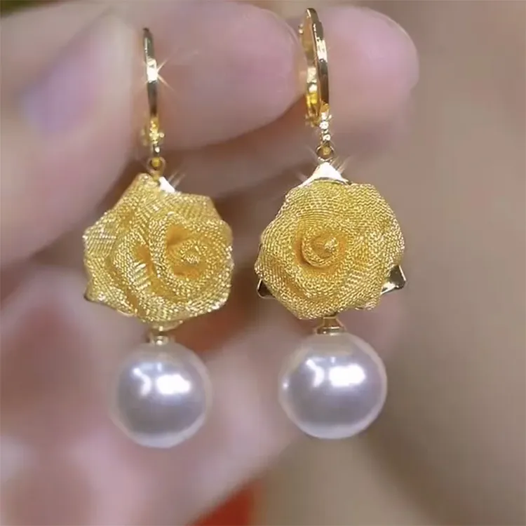 铜合金耳饰 金色玫瑰花珠珠耳坠高级感优雅时尚轻奢耳环爆款耳饰