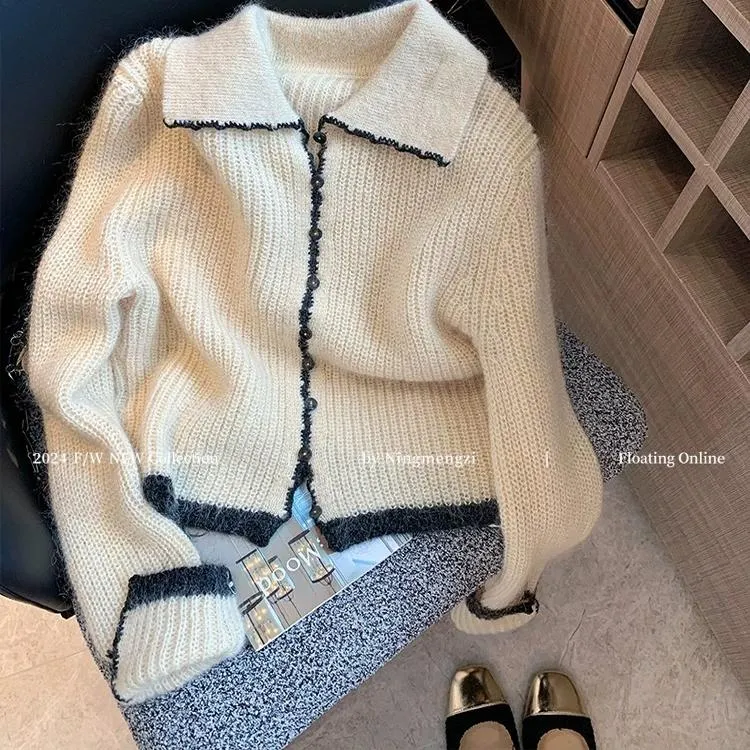 拼色钩边小香风翻领毛衣开衫女2025秋冬新款软糯气质减龄内搭上衣