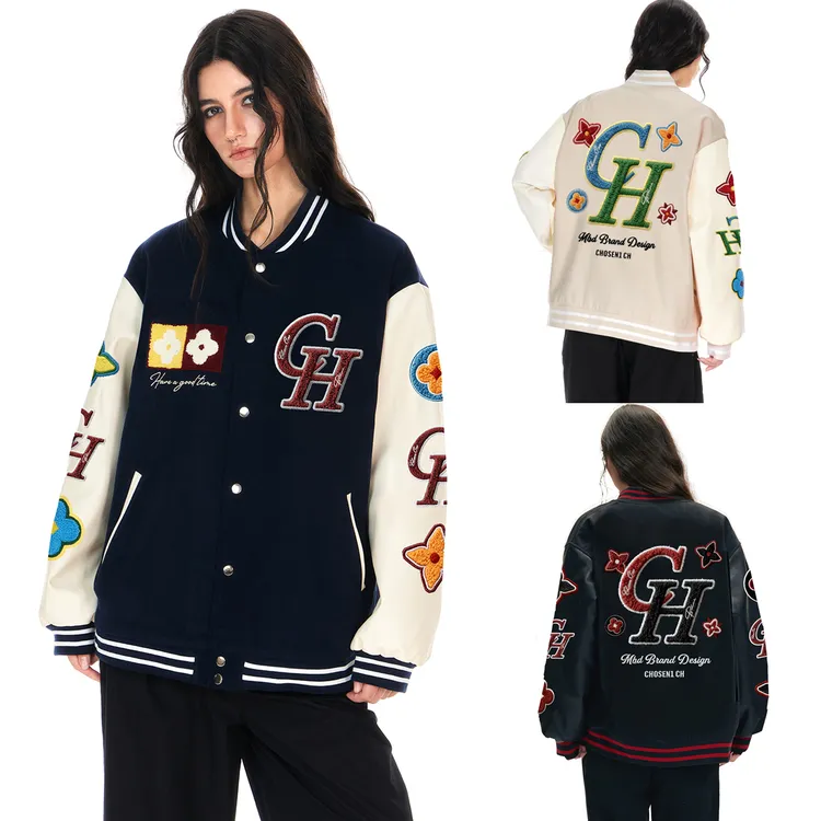 小恶魔联名CH美式碎花毛巾绣植绒夹克杏色单排扣棒球服男女潮