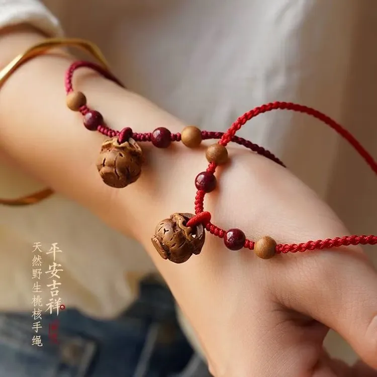 天然老桃木桃核提篮小锁吊坠编织红绳项链女锁骨链儿童本命年