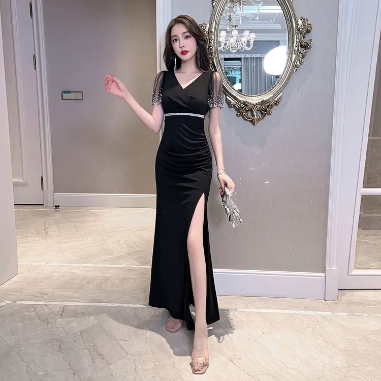 纯欲风辣妹风连衣裙纯色长裙收腰包臀裙长款修身显瘦钉珠钉钻长裙