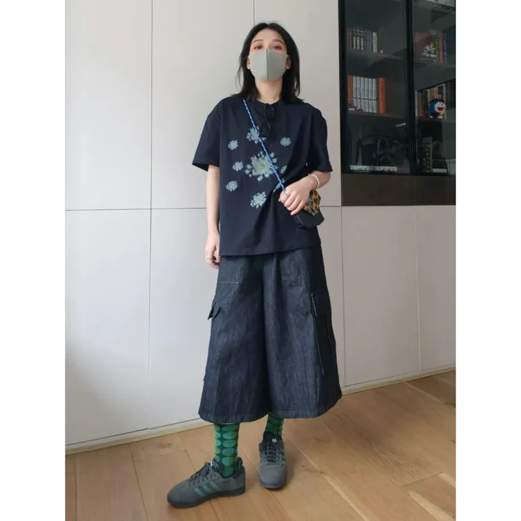 大码美式复古黑蓝色七分牛仔裤女2025夏季新款高腰显瘦直筒阔腿裤