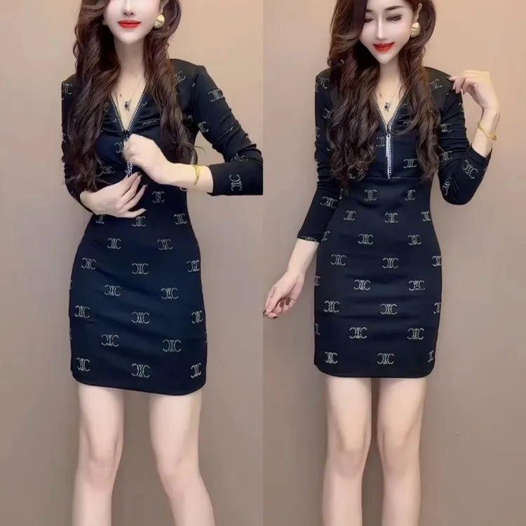 V领蝴蝶连衣裙性感修身工装裙修身小香风名媛