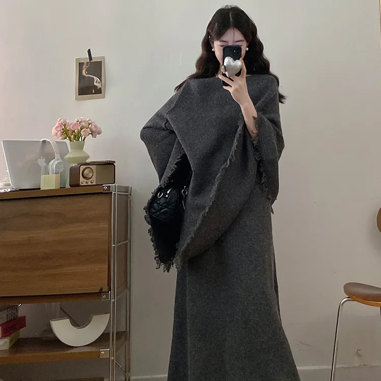 时尚套装纯色秋冬气质网红针织双面套装时尚宽松针织套装女斗篷