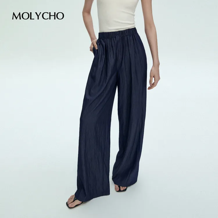 MOLYCHO慵懒随性 松紧腰宽松阔腿裤女夏季高腰垂感长裤显瘦直筒裤