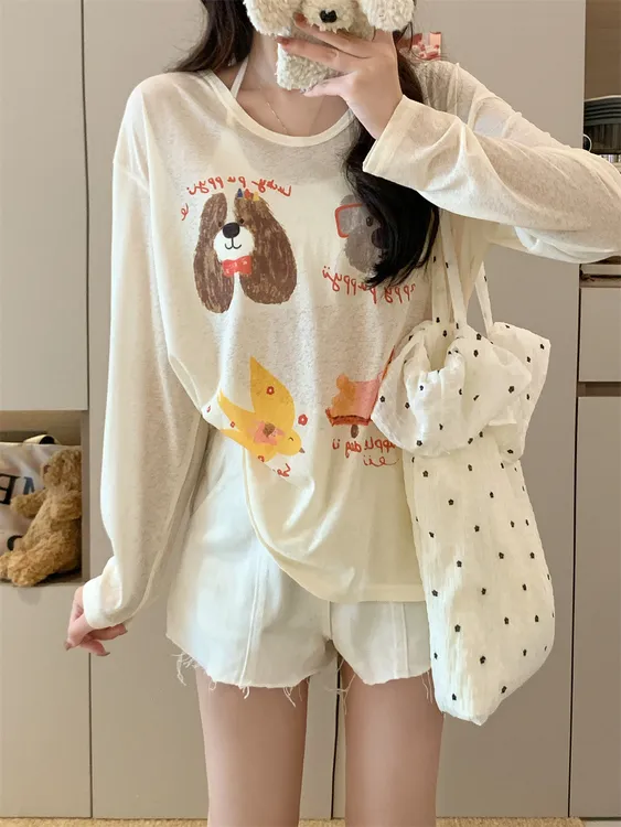 【卡通印花罩衫】松弛感防晒T恤女休闲薄款长袖可爱减龄打底上衣