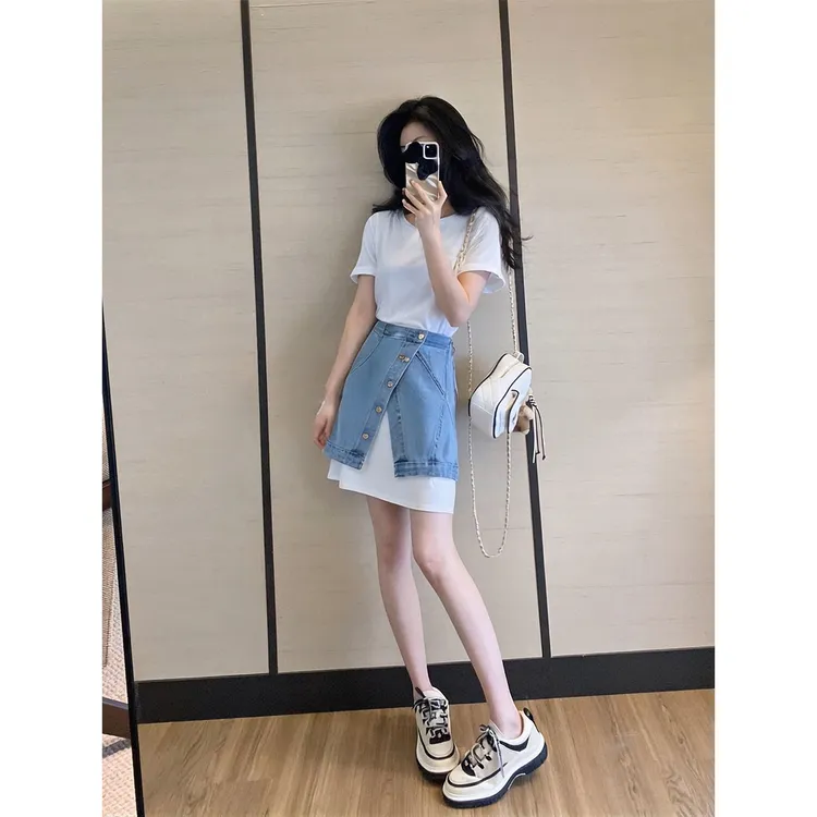T恤连衣裙两件套2025新款女装巨好看的夏装牛仔裙子套装高级感