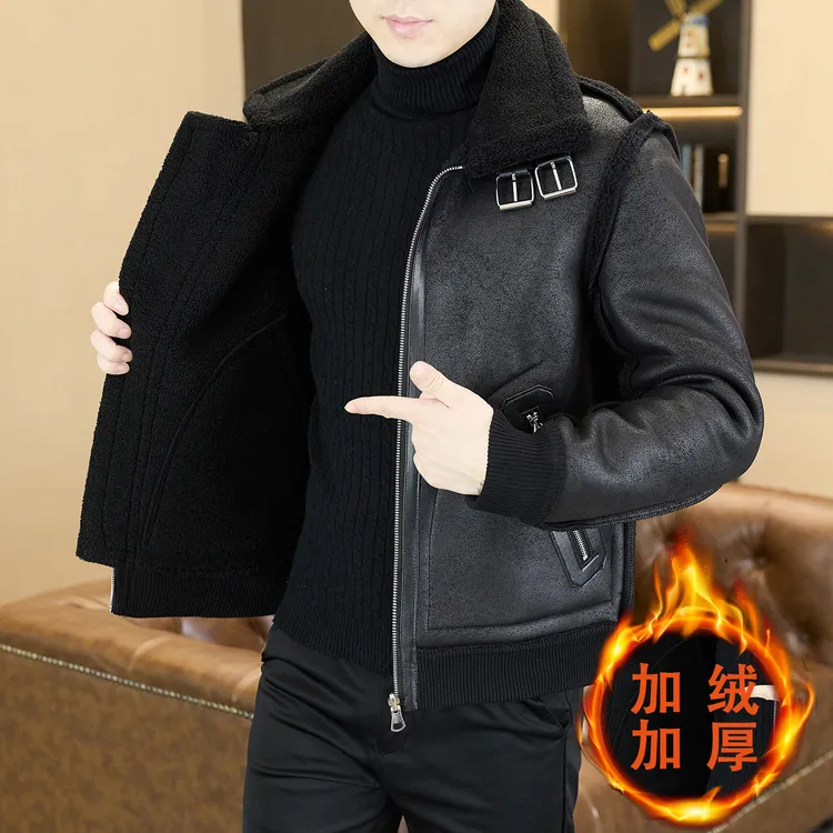 爆款新品高端加绒外套男士冬季加厚保暖港风休闲冬装皮夹克潮
