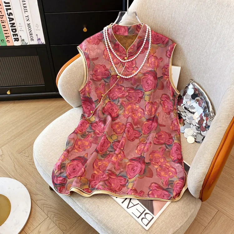 J.H新中式国风盘扣立领马甲2025夏季新款时尚洋气印花老钱风上衣