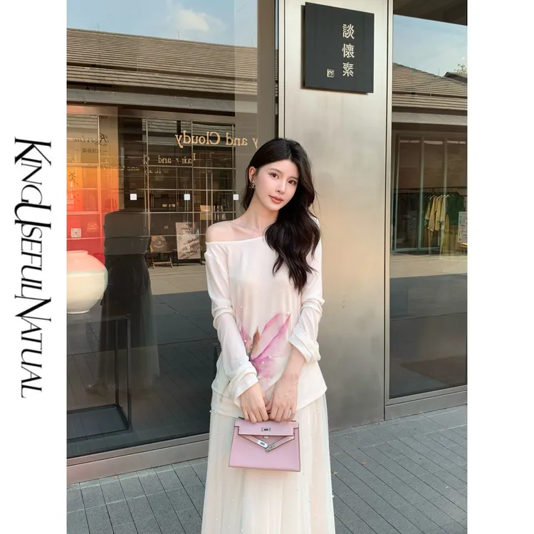 KUN【云汐】朦胧印花 优选细腻莱赛尔羊毛两穿绑带米白色小衫上衣