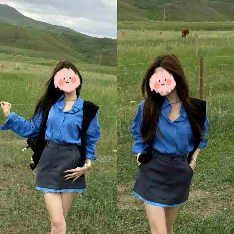 2025早秋新款时尚洋气韩系百搭通勤衬衣披肩高腰西装半裙三件套