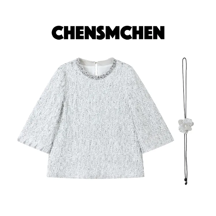 CHENSMCHEN 设计感时尚亮片圆领衬衫女精致宽松显瘦衬衣CSC7908JX