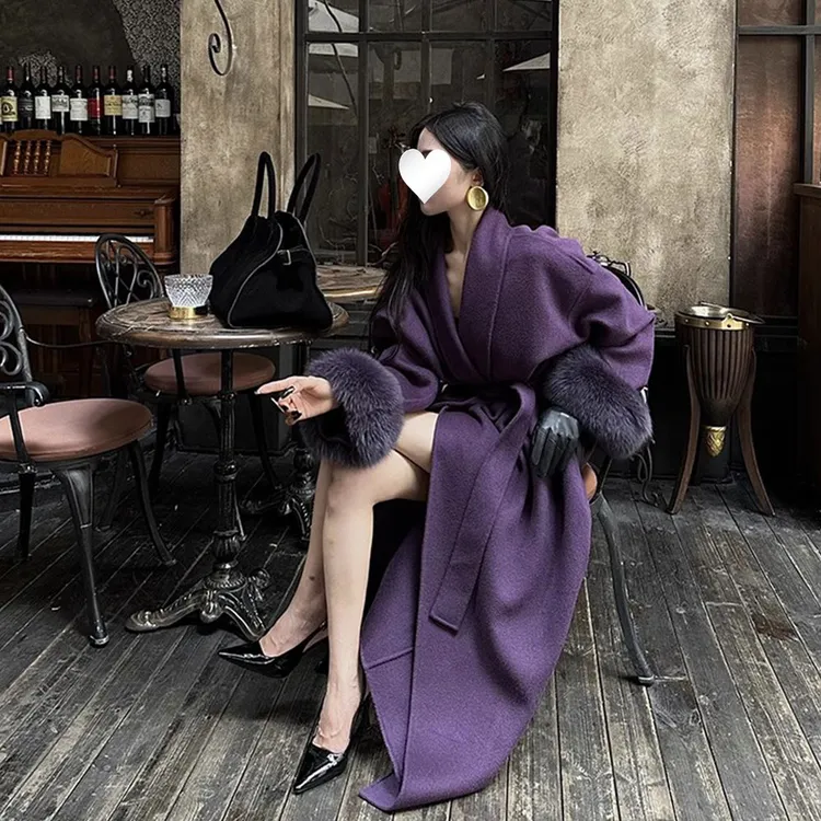 高级时尚紫色系带收腰毛呢大衣女秋冬季新款宽松慵懒长款毛呢外套