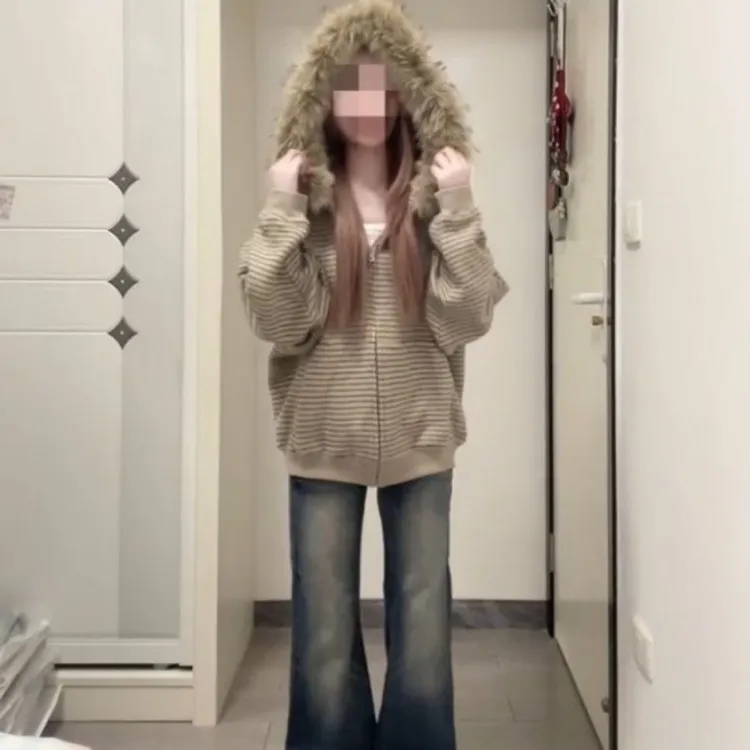 韩系慵懒风条纹毛领连帽卫衣外套女秋冬新款宽松休闲针织开衫上衣