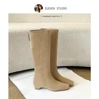 【王11】法式方头简约精致百搭内增高直筒坡跟女靴 4.5CM/胭脂