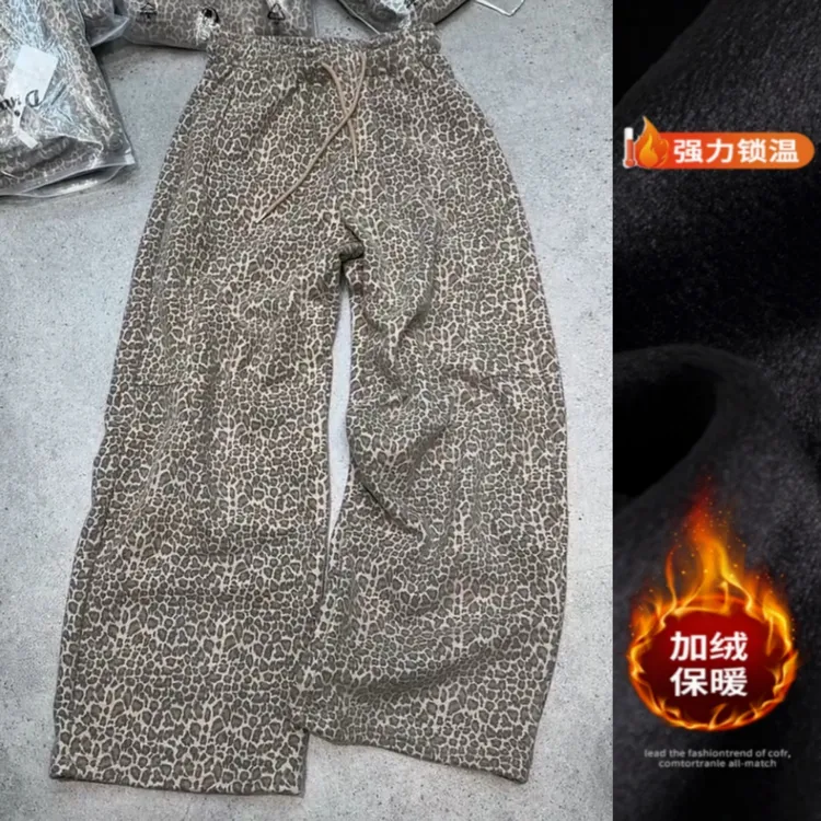 复古洋气豹纹弯刀休闲裤2025年冬季新款加绒显瘦窄版阔腿裤
