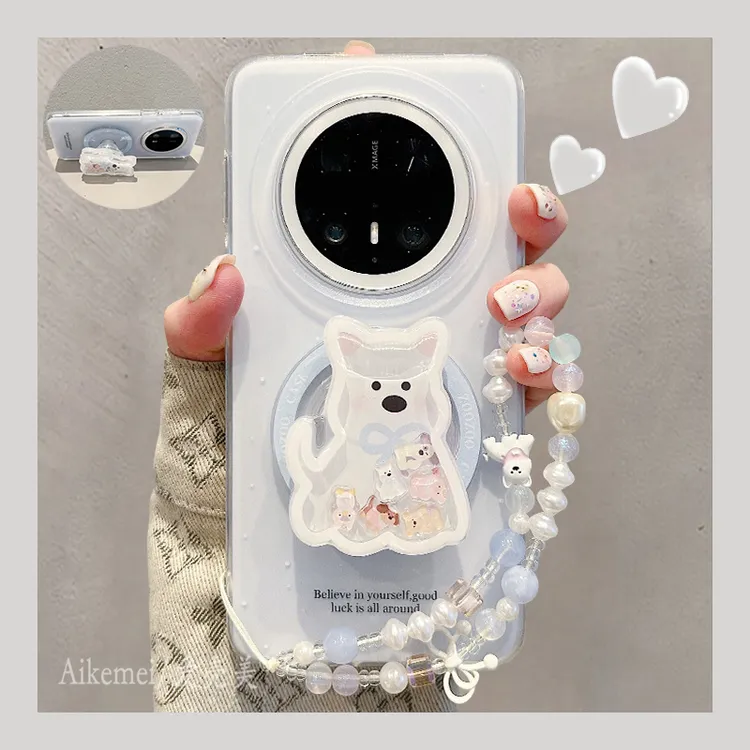 适用华为mate70pro+手机壳泼墨英文Mate60pro+小狗摇摇乐磁吸支架