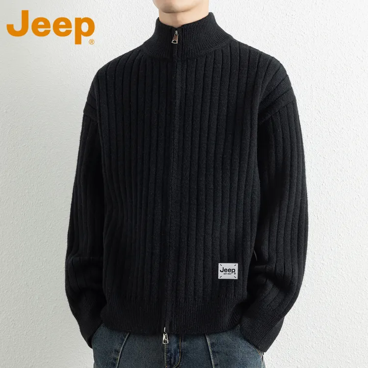 JEEP吉普黑色半高领毛衣开衫男士秋冬季cleanfit高级感轻熟针织衫