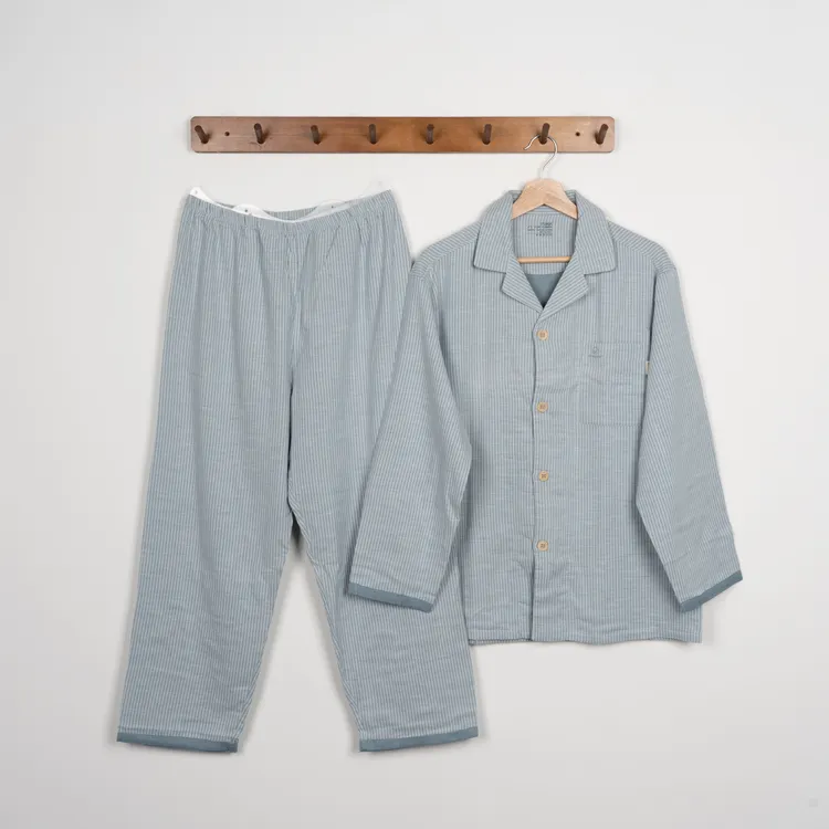 春季新款男士家居服翻领开衫无印睡衣套装棉质良品格子宽松舒适