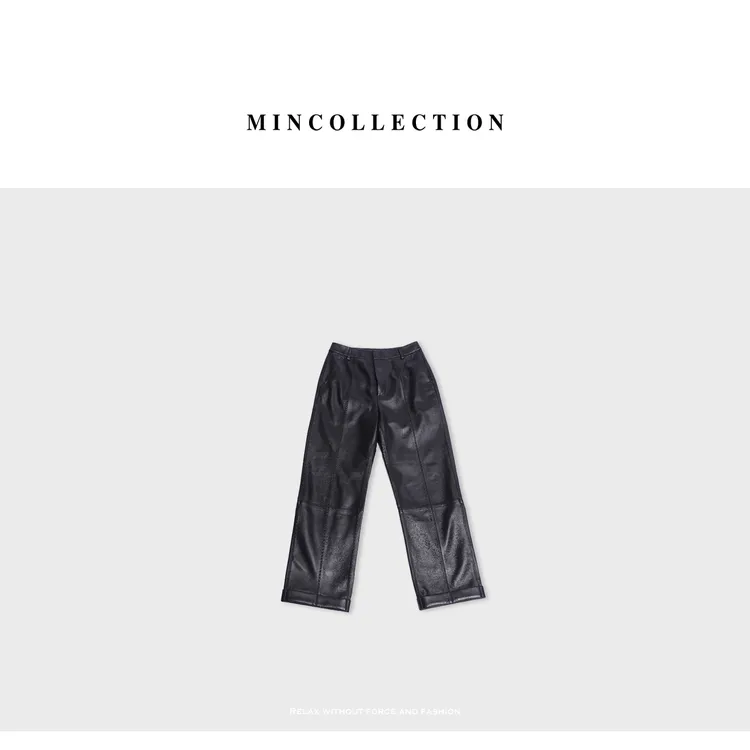 DE Mincollection翻边皮裤/解构分割显瘦烟管绵羊皮九分皮裤40422