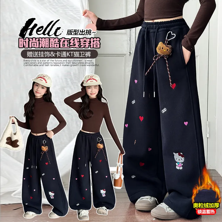 女童冬季加绒休闲卫裤2025新款中大童洋气卡通绣花一体绒休闲卫裤