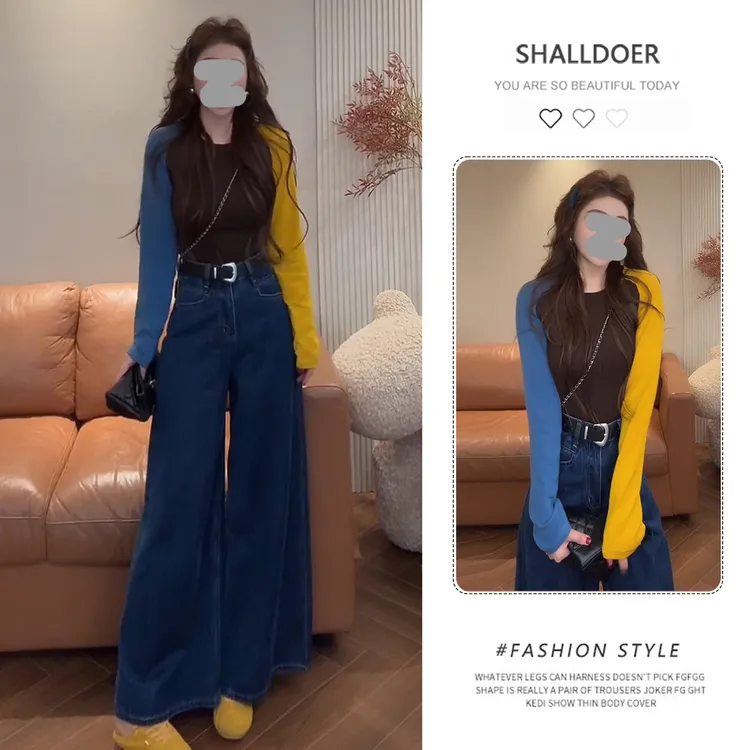 网红洋气炸街风时尚T恤女士2025秋季新款复古港风T恤牛仔裤两件套