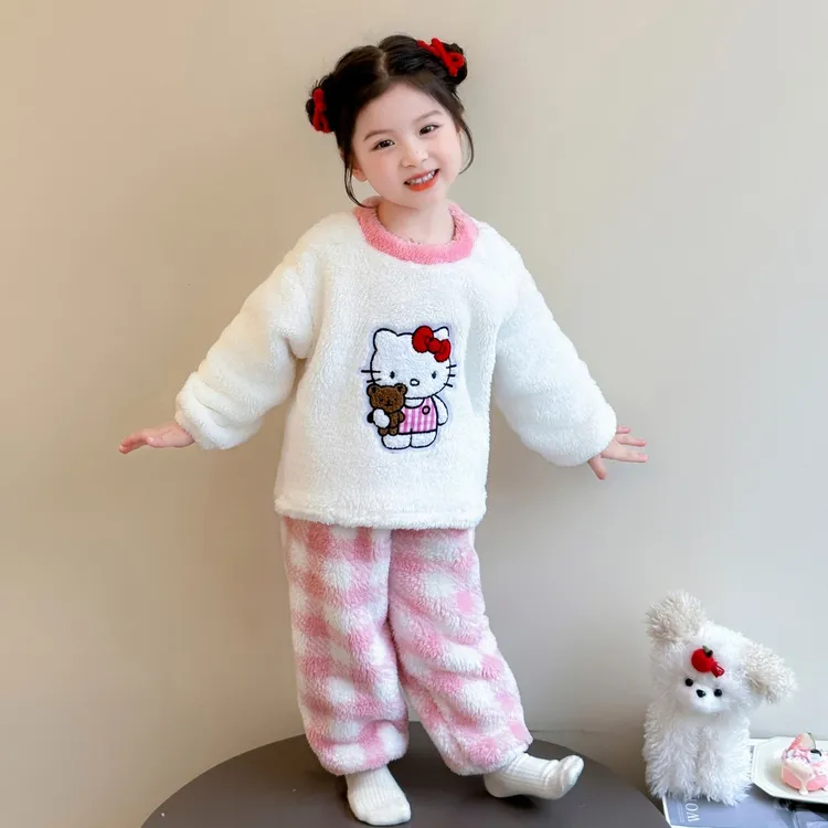 女童家居服秋冬款2025新款儿童珊瑚绒睡衣洋气女宝宝卡通保暖套装