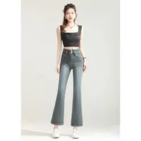 工厂原创两粒扣高腰九分微喇牛仔女裤立体压花薄款复古小个子661