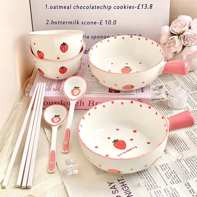 波点草莓釉下彩餐具少女心可爱泡面碗网红学生宿舍家用沙拉焗饭勺