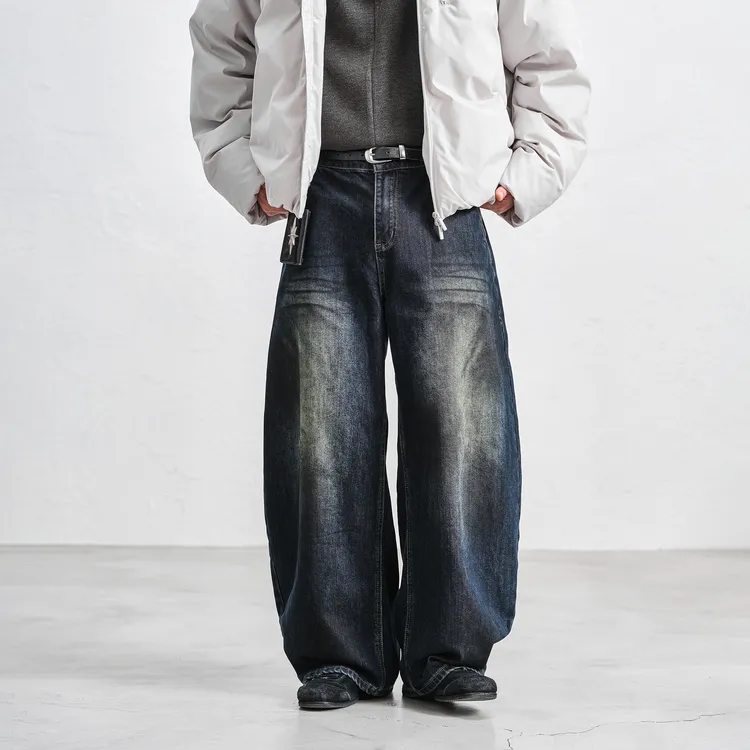 JUPSTUDIO加厚磨毛做旧波浪纹牛仔裤男秋冬款宽松直筒九分裤长裤