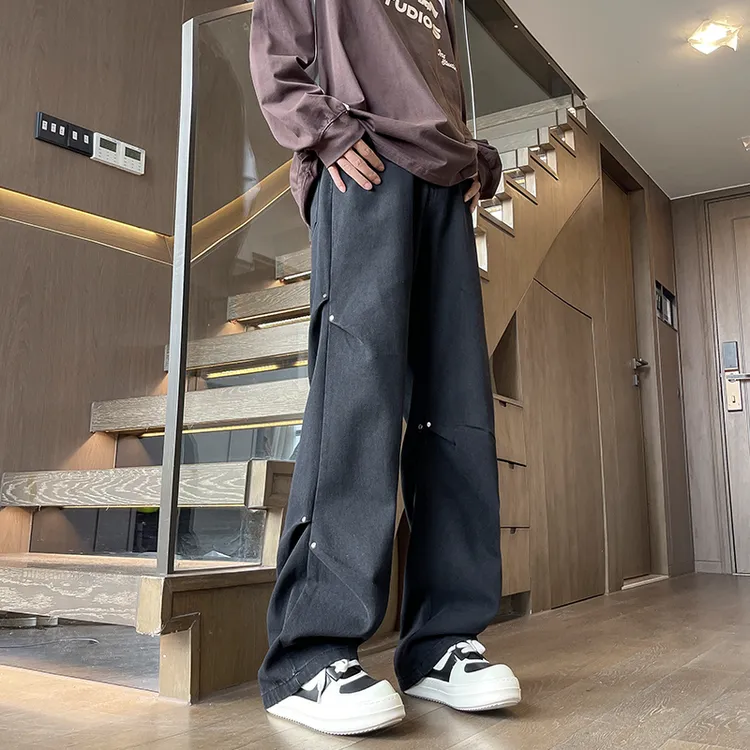 复古铆钉牛仔裤男春秋季宽松水洗直筒阔腿裤男生休闲长裤子