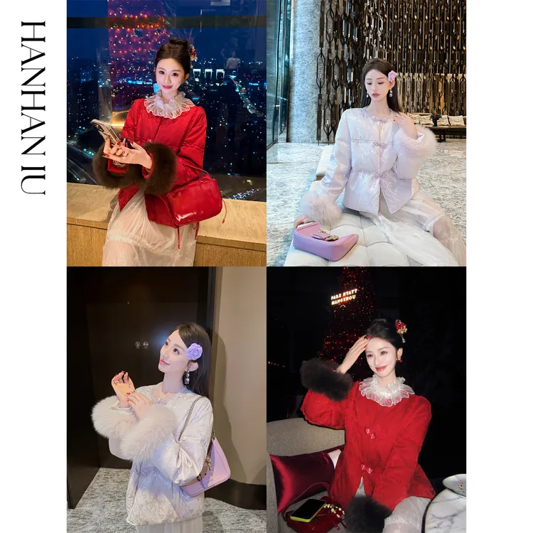 韩韩IU【岁岁合欢】新中式可拆卸狐狸毛袖口时尚圆领短款国风羽绒服