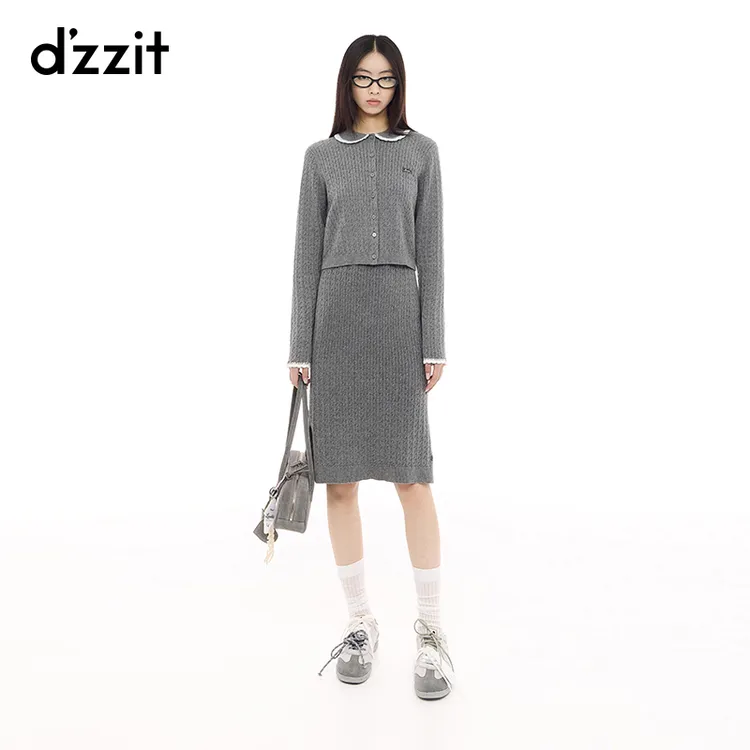 dzzit地素半身裙春秋格雷系中灰色开叉直筒针织裙女3J1E703