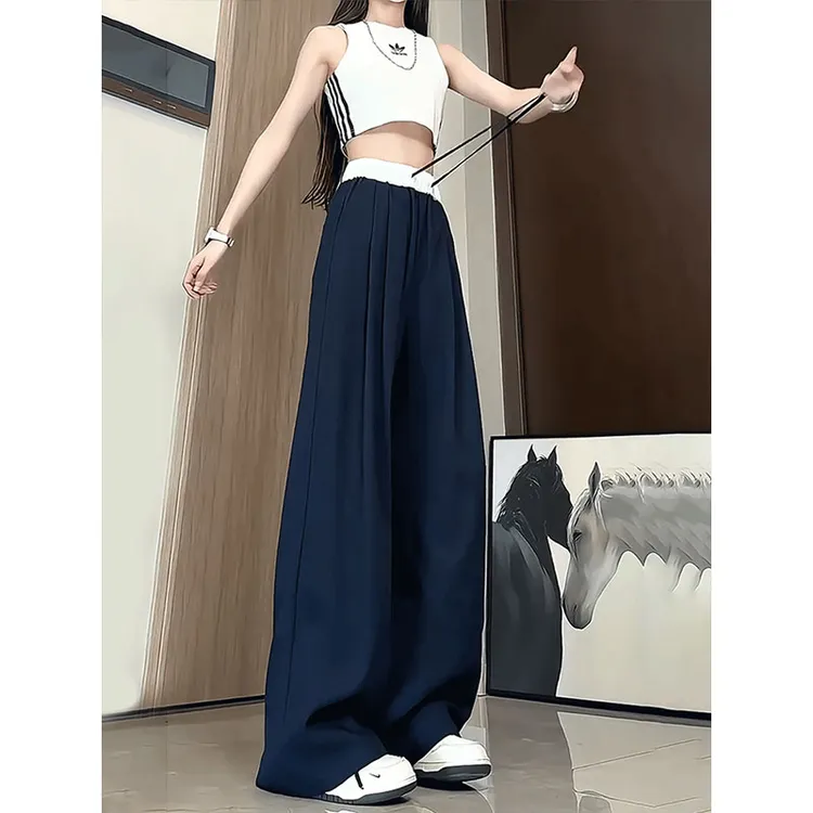 藏青色棉麻冰丝裤子男女夏季薄款拼接假两件裤子慵懒垂感休闲长裤
