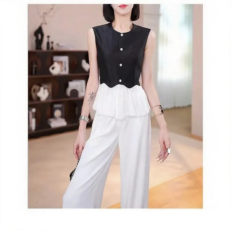 宁B40775高级感气质荷叶边撞色拼接无袖单排扣马甲女设计显瘦上衣