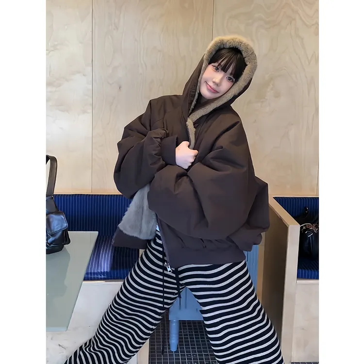 美式复古仿貂毛连帽座山雕棉服女款冬季加厚保暖情侣棉衣外套夹克