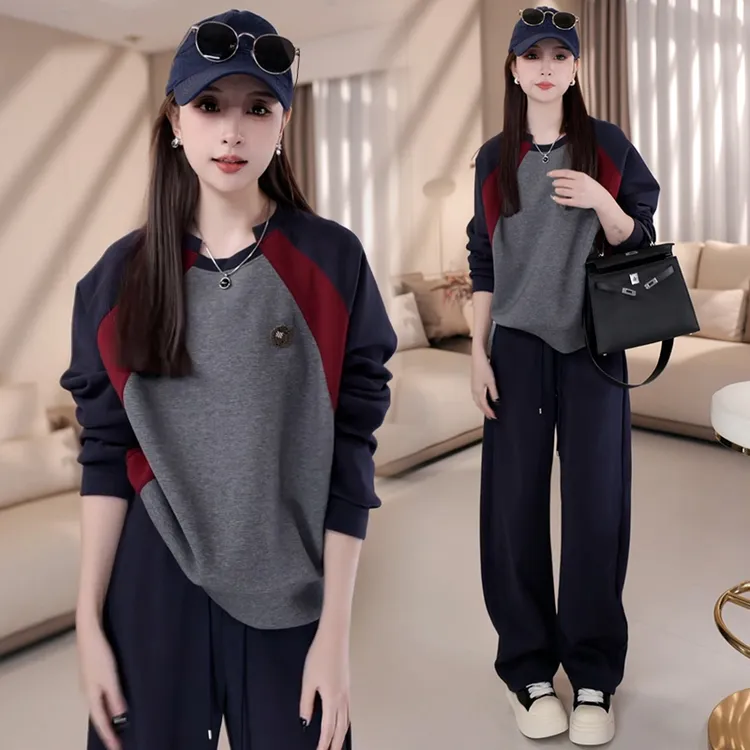 高含棉美式撞色圆领长袖卫衣女2025春秋季新款时尚洋气减龄上衣潮