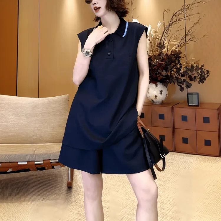 休闲风POLO领无袖套装女2025夏季薄款大码胖MM上衣+短裤两件套潮