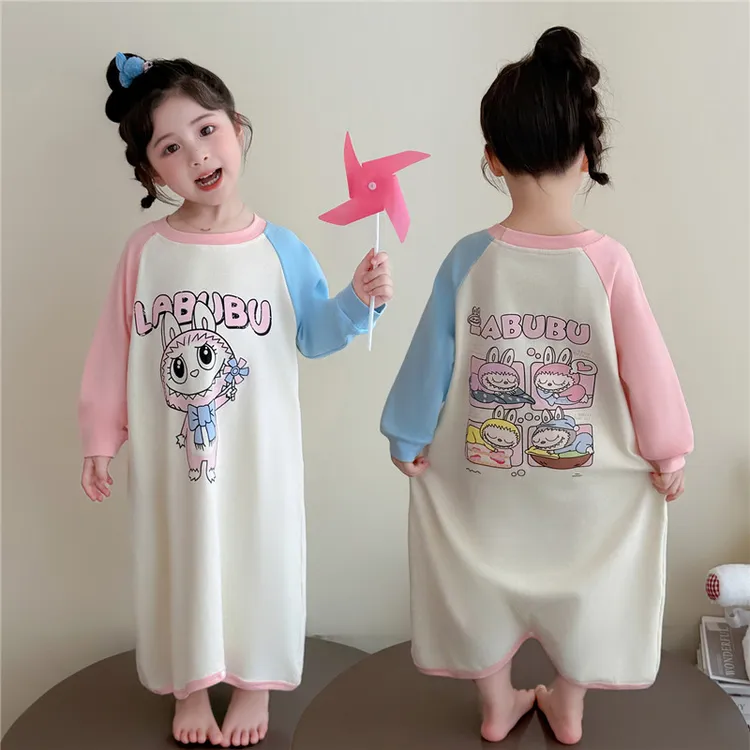 女童睡裙儿童连体睡衣秋季长袖小女孩拉布布全棉睡衣防踢被家居服