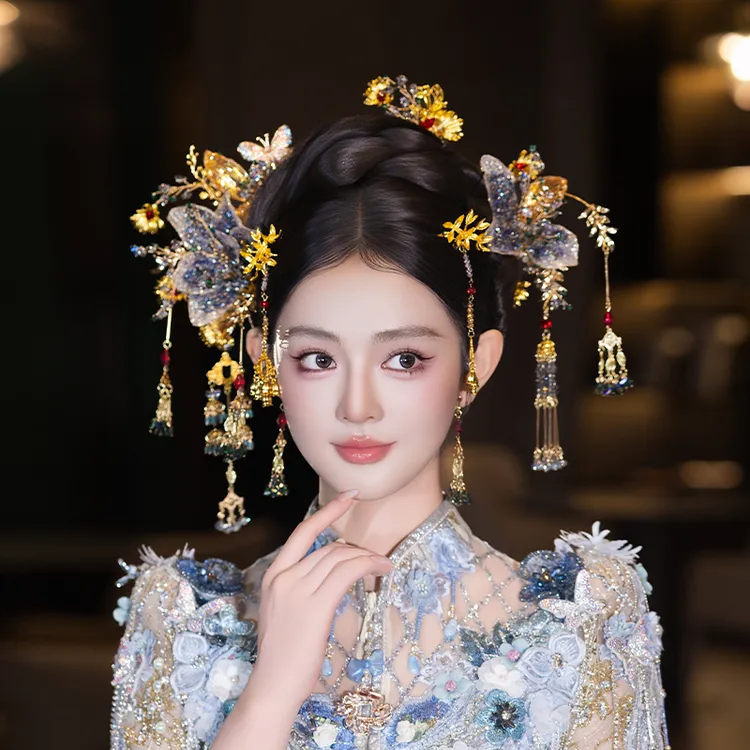 合金婚庆饰品 新娘重工蝴蝶古风中式凝胶花秀禾结婚浅色发饰D0635