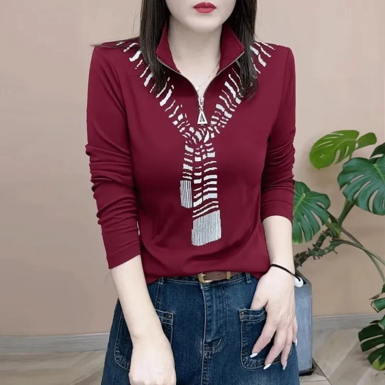 秋季新品时尚洋气半拉链长袖小衫减龄显瘦打底衫气质遮肉女士上衣