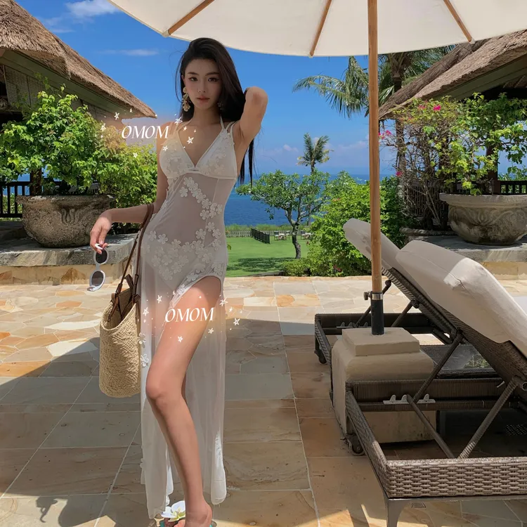纯欲白色透视花朵bikini三件套泰国海边度假长裙性感辣妹泳衣5044