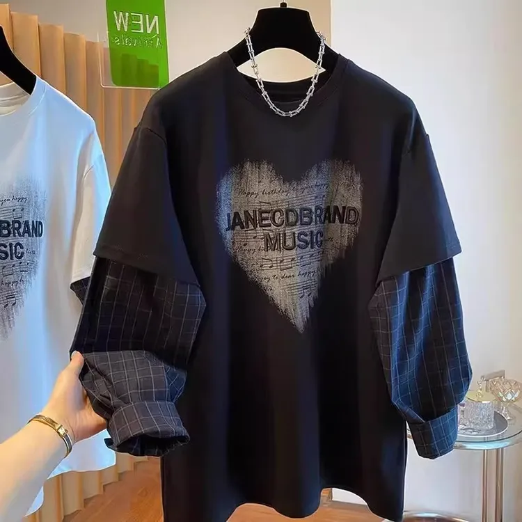 300斤大码韩版假两件衬衫袖拼接t恤男女秋季慵懒风情侣装长袖上衣