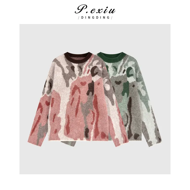 山羊绒羊毛水墨画慵懒氛围感圆领长袖针织毛衣 ZM-296