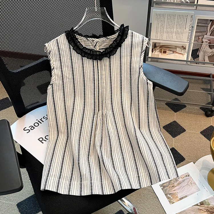 2025夏季新款韩版时尚木耳边圆领无袖条纹衬衫女洋气宽松背心上衣
